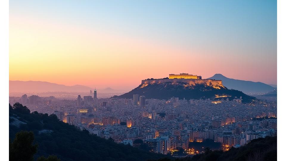 A panoramic view of the Athens skyline with the Acropolis at sunset, symbolizing local economic context.