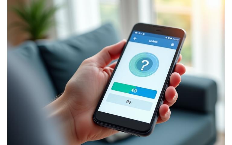 Χέρι που κρατά ένα smartphone με οθόνη που δείχνει ένα ερωτηματικό πάνω από σύμβολα χρημάτων, υποδεικνύοντας ένα διαδραστικό τεστ επιλογής δανείου ή μια εφαρμογή οικονομικών συμβουλών.